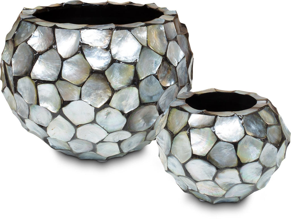 SHELL planter, 40/77 cm, silver/blue mother of pearl