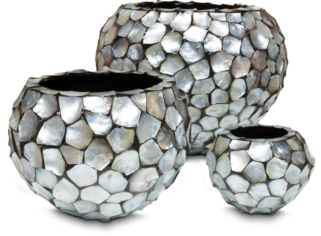 SHELL planter, 40/77 cm, silver/blue mother of pearl